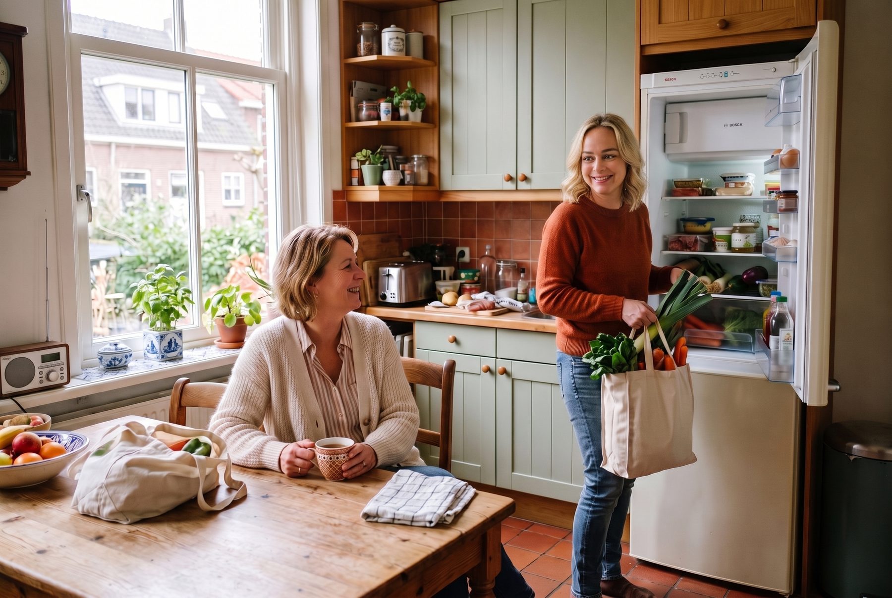 Twee vrouwen in een keuken: de een zit met thee aan tafel, de ander ruimt de boodschappen in de koelkast
