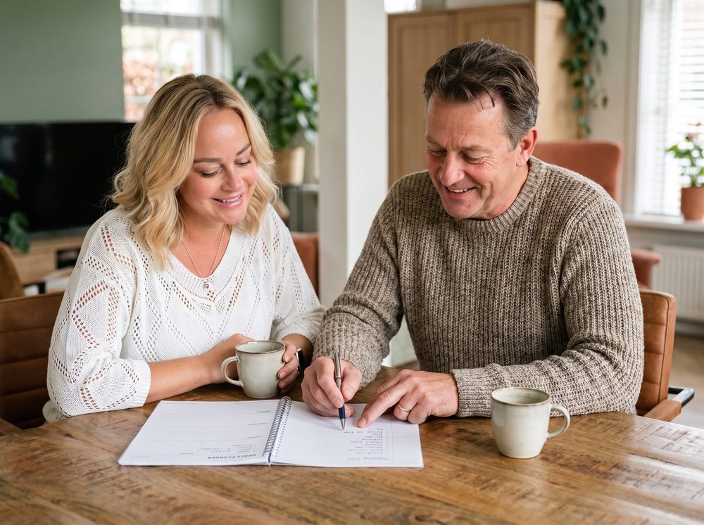 Violeta en een man nemen met koffie samen de weekplanning door